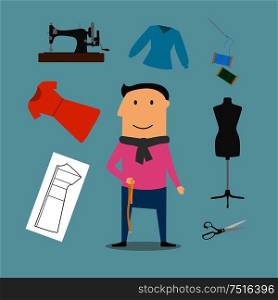 Tailor profession concept design with elegant man surrounded by sewing machine and mannequin, scissors and needle, threads and buttons, thimble and pins, measuring tape and orange dress. Tailor with sewing tools icons