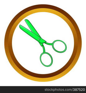 Tailor shears vector icon in golden circle, cartoon style isolated on white background. Tailor shears vector icon