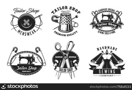 Tailor shop and sewing vector icons. Sewing machine and thread, needle and button, thimble, scissors and pin, mannequin, fabric. Handmade tailoring and clothing isolated vector symbols with text. Tailor shop, dressmaker, tailoring, sewing icons