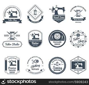 Tailor shop black labels icons set. Best town tailor and house decorator black labels collection with old sewing machine abstract isolated vector illustration