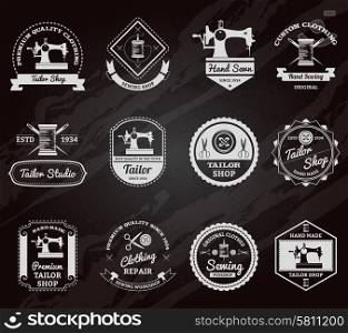 Tailor shop chalkboard labels icons set. Retro tailor shop for made to measurements custom clothes chalkboard emblems labels set abstract isolated vector illustration