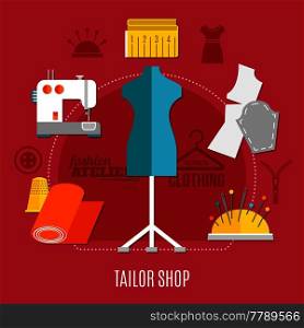Tailor shop concept with needles pins and cloth flat vector illustration. Tailor Shop Concept