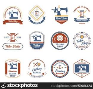 Tailor shop original labels icons set. Vintage tailor shop original labels set with antique sewing machine and treads bobbin abstract isolated vector illustration