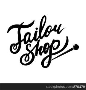 Tailor shop promo black logotype with sharp pin. Handmade clothes store emblem. Crafted outfits and garments repairment service logo isolated cartoon flat vector illustration on white background.. Tailor shop promo black logotype with sharp pin