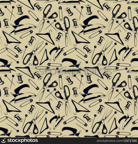 Tailor shop seamless pattern with scissors, iron, pins. Tailor background design. Vector illustration. Tailor shop seamless pattern with scissors, iron, pins