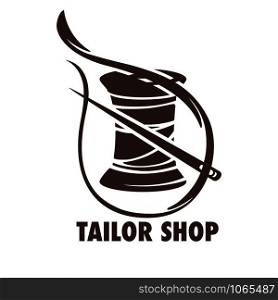 Tailor shop titled logo, banner sketch, close up needle with a bobbin, spool of thread, flat concept vector illustration on white background. Tailor shop sketch with a needle and bobbin of thread