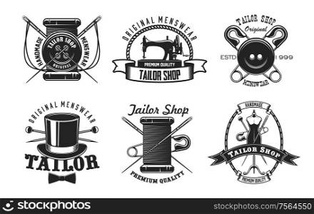 Tailor shop vector icons with sewing machine, needles and threads, buttons, pins and mannequin, retro top hat and bow tie. Sewing tool symbols of craft workshop, fashion designer studio or atelier. Tailor sewing machine, button and needle icons