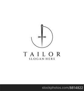 Tailor silhouette logo with needle, thread, benik and sewing machine markings. Logo design for tailors, fashion, boutiques and other clothing companies.