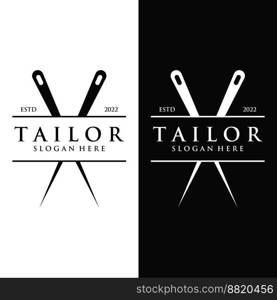 Tailor silhouette logo with needle, thread, benik and sewing machine markings. Logo design for tailors, fashion, boutiques and other clothing companies.