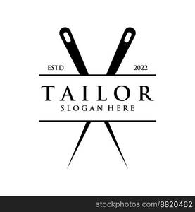 Tailor silhouette logo with needle, thread, benik and sewing machine markings. Logo design for tailors, fashion, boutiques and other clothing companies.