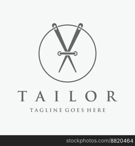 Tailor silhouette logo with needle, thread, benik and sewing machine markings. Logo design for tailors, fashion, boutiques and other clothing companies.