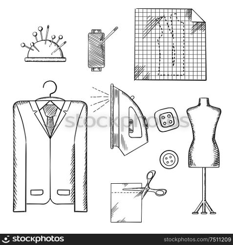 Tailor tools and accessories sketched icons set with man costume on a hanger, mannequin, cloth and scissors, iron and thread spool, needles and buttons. Sketch vector. Tailor tools and accessories sketches set