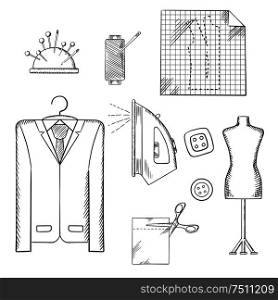 Tailor tools and accessories sketched icons set with man costume on a hanger, mannequin, cloth and scissors, iron and thread spool, needles and buttons. Sketch vector. Tailor tools and accessories sketches set