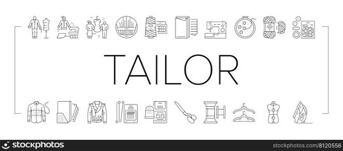 Tailor Worker Sewing Occupation Icons Set Vector. Tailor Measuring Client And Sew Leather Jacket, Preparing Suit On Mannequin And Crafting With Professional Equipment Black Contour Illustrations. Tailor Worker Sewing Occupation Icons Set Vector