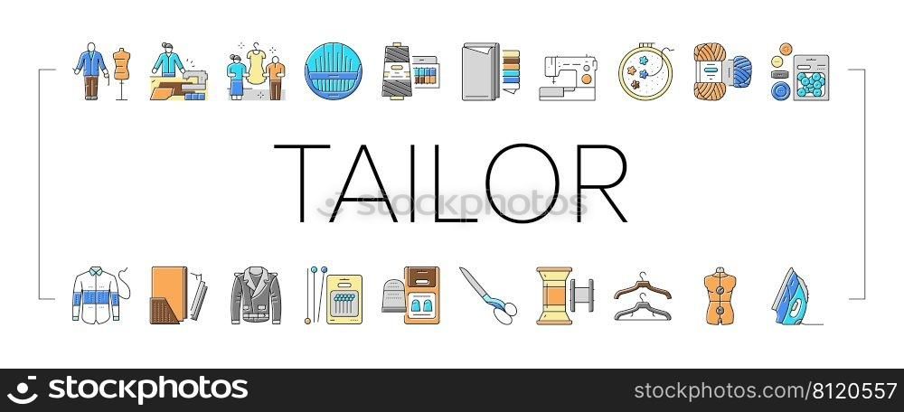 Tailor Worker Sewing Occupation Icons Set Vector. Tailor Measuring Client And Sew Leather Jacket, Preparing Suit On Mannequin And Crafting With Professional Equipment Color Illustrations. Tailor Worker Sewing Occupation Icons Set Vector