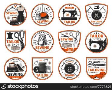 Tailoring and sewing industry icons, tailor shop or dressmaking atelier vector retro symbols. Dressmaker seamstress salon, handicraft tailoring workshop, clothes sewing studio icons. Tailoring and sewing industry icons, atelier shop
