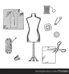 Tailoring and sewing sketched icons and objects with mannequin, scissors, safety pin, needle, threads, buttons, thimble, fabric and paper drawing