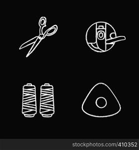 Tailoring chalk icons set. Fabric scissors, bobbin case, thread spool, sewing chalk. Isolated vector chalkboard illustrations. Tailoring chalk icons set