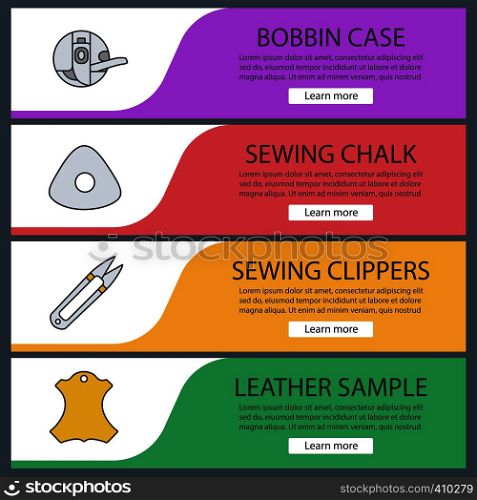 Tailoring web banner templates set. Bobbin case, sewing chalk, clippers, leather sample. Website color menu items. Vector headers design concepts. Tailoring web banner templates set
