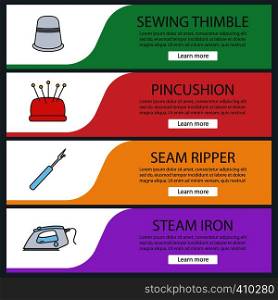 Tailoring web banner templates set. Sewing thimble, pincushion, seam ripper, steam iron. Website color menu items. Vector headers design concepts. Tailoring web banner templates set