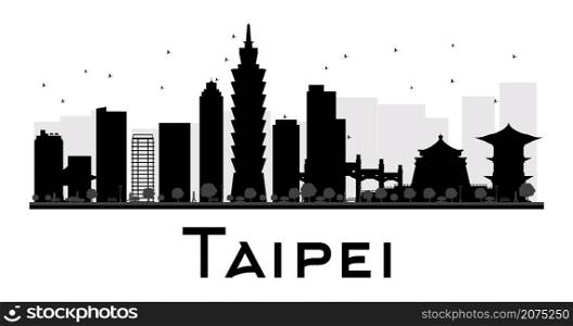 Taipei City skyline black and white silhouette. Vector illustration. Simple flat concept for tourism presentation, banner, placard or web site. Business travel concept. Cityscape with landmarks