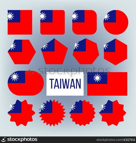 Taiwan Various Shapes Vector National Flags Set. Circle, Square, Rectangle Taiwan Ensign Pack. Republic Of China Official Emblems Icons Collection. Asian Country Symbols Flat Illustration. Taiwan Various Shapes Vector National Flags Set