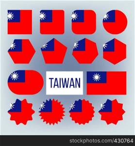 Taiwan Various Shapes Vector National Flags Set. Circle, Square, Rectangle Taiwan Ensign Pack. Republic Of China Official Emblems Icons Collection. Asian Country Symbols Flat Illustration. Taiwan Various Shapes Vector National Flags Set