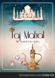 Taj mahal eternal love song retro poster with antique tea pot vector illustration