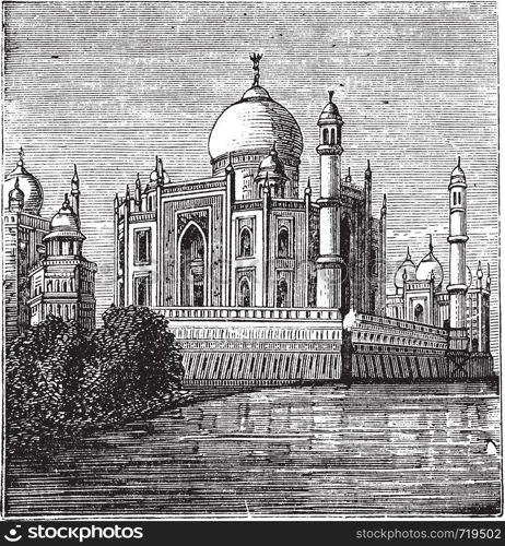 Taj-Mahal, India. Old engraved illustration of the famous Taj-Mahal. Engraving from late 1800.