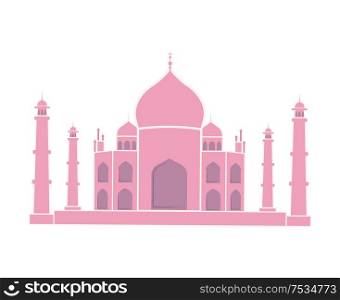 Taj Mahal Indian landmark travel sticker. Sight of Asian country, muslim religion symbol. Islamic temple with towers vector illustration isolated.. Taj Mahal Indian Landmark Travel Sticker Isolated