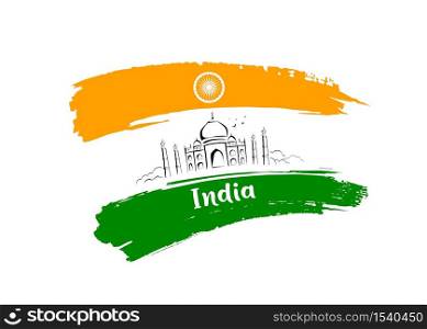 Taj Mahal sketching drawing in flag of india design background, vector illustration