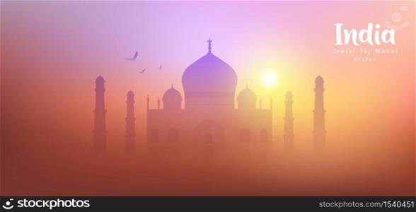 Taj Mahal Travel India vector, silhouette colorful sunset background, illustration