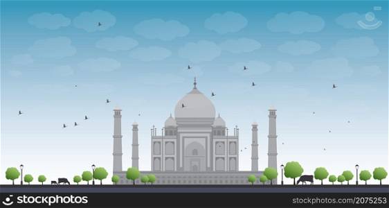 Taj Mahal with Tree and cow. Front view Vector illustration