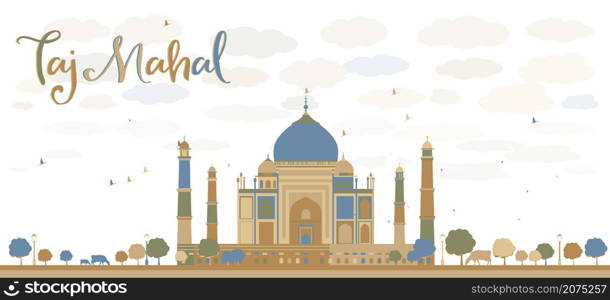 Taj Mahal with Tree and cow. Front view. Vector illustration