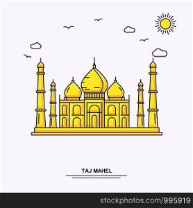TAJ MAHEL Monument Poster Template. World Travel Yellow illustration Background in Line Style with beauture nature Scene