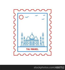 TAJ MAHEL postage stamp Blue and red Line Style, vector illustration