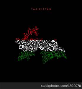 Tajikistan flag map, chaotic particles pattern in the colors of the Tajik flag. Vector illustration isolated on black background.. Tajikistan flag map, chaotic particles pattern in the Tajik flag colors. Vector illustration