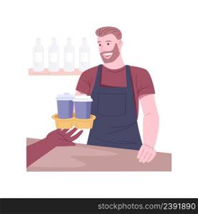 Take away coffee isolated cartoon vector illustrations. Barista gives takeaway coffee to client, great costumer service to client, hot drinks in the morning, small business vector cartoon.. Take away coffee isolated cartoon vector illustrations.