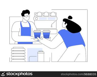 Take away coffee isolated cartoon vector illustrations. Barista gives takeaway coffee to client, great costumer service to client, hot drinks in the morning, small business vector cartoon.. Take away coffee isolated cartoon vector illustrations.