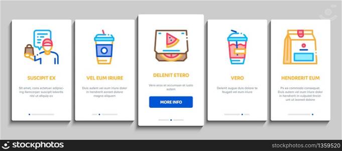 Take Away Food And Drink Delivery Onboarding Mobile App Page Screen Vector. Cooked Pizza And Chicken Box, Tea And Coffee Cup, Take Away Collection Color Contour Illustrations. Take Away Food And Drink Delivery Onboarding Elements Icons Set Vector