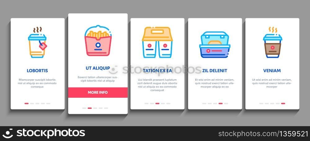 Take Away Food And Drink Delivery Onboarding Mobile App Page Screen Vector. Cooked Pizza And Chicken Box, Tea And Coffee Cup, Take Away Collection Color Contour Illustrations. Take Away Food And Drink Delivery Onboarding Elements Icons Set Vector