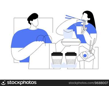 Take away food isolated cartoon vector illustrations. Couple eating takeaway food and drinks at home, people lifestyle, online grocery shopping, products delivery process vector cartoon.. Take away food isolated cartoon vector illustrations.