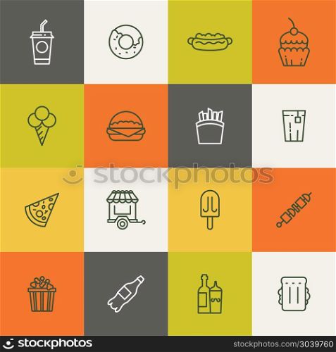 Take away food linear vector icons. Take away food linear icons. Ice cream and fries, barbecue and popcorn. Vector illustration