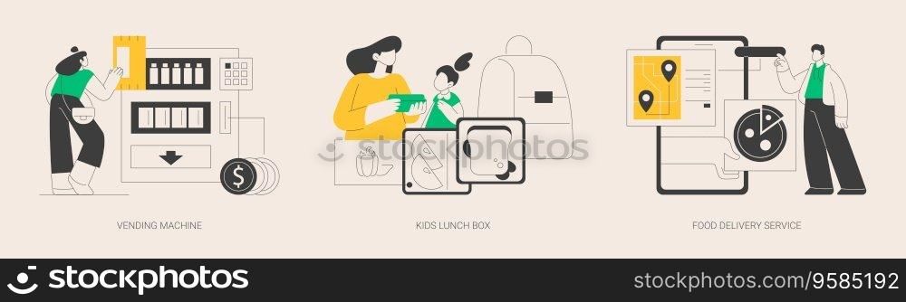 Take away lunch and snack abstract concept vector illustration set. Vending machine, kids lunch box, food delivery service, healthy snack, online menu, nutrition, takeaway coffee abstract metaphor.. Take away lunch and snack abstract concept vector illustrations.