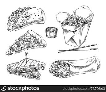 Take away meal for snack bar. Taco and burrito, pizza and sauce, Chinese noodles in box and English triangular sandwiches. Monochrome icons set in sketch style.. Snack Bar Take Away Meal Illustation Sketch Set