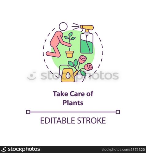 Take care of plants concept icon. Gardening hobby. Morning routine abstract idea thin line illustration. Isolated outline drawing. Editable stroke. Roboto-Medium, Myriad Pro-Bold fonts used. Take care of plants concept icon