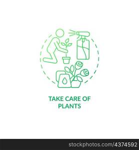Take care of plants green gradient concept icon. Gardening hobby. Morning routine abstract idea thin line illustration. Isolated outline drawing. Roboto-Medium, Myriad Pro-Bold fonts used. Take care of plants green gradient concept icon