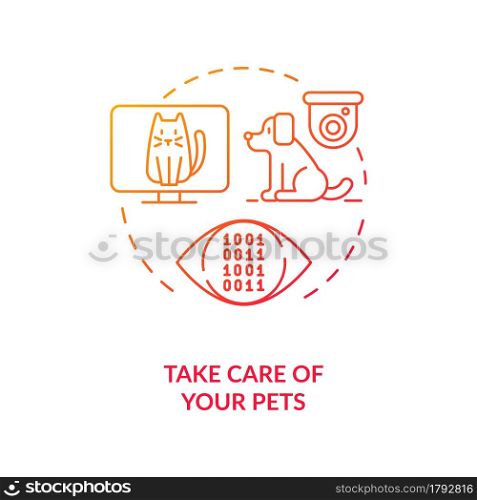 Take care of your pets red concept icon. Security camera for pets monitoring. Cyber technologies for distance interaction abstract idea thin line illustration. Vector isolated outline color drawing. Take care of your pets red concept icon