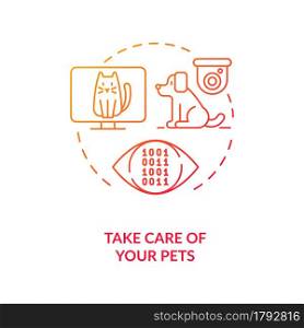 Take care of your pets red concept icon. Security camera for pets monitoring. Cyber technologies for distance interaction abstract idea thin line illustration. Vector isolated outline color drawing. Take care of your pets red concept icon