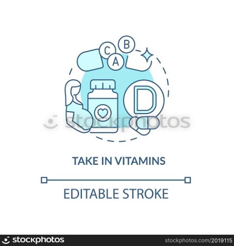 Take in vitamins blue concept icon. Pregnancy diet abstract idea thin line illustration. Dietary supplements. Major birth defects prevention. Vector isolated outline color drawing. Editable stroke. Take in vitamins blue concept icon